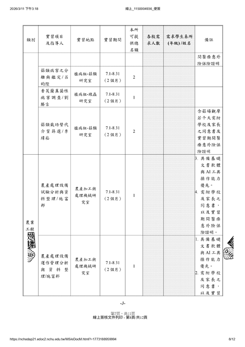農業部農業試驗所提供115年暑期實習申請圖片